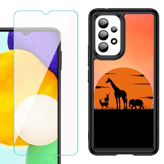 Shockproof Bumper (Black Frame) phone Case for Samsung Galaxy A23 5G, with Tempered Glass Screen Protector, by OneToughShield ® - Sunset Safari