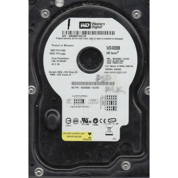 WD400BB-19JHC0, DCM HSBHCTJCA, Western Digital 40GB IDE 3.5 Hard Drive