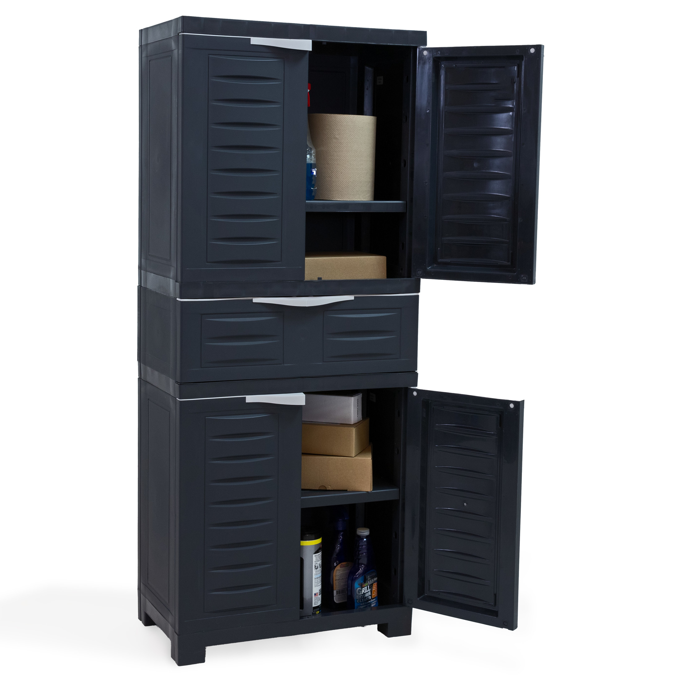 Sunnydaze Adjustable 57" Plastic 2-Shelf 1-Drawer Freestanding Storage Cabinet, Charcoal