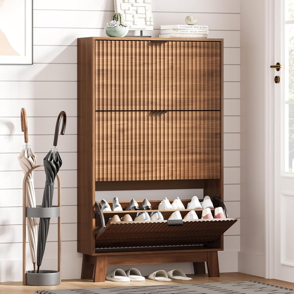 FANRAL Walnut Shoe Cabinet Entryway with 3 Flip Drawers,Narrow Shoe Storage Hidden Shoe Rack,Fluted Wood Shoe Organizer for Entryway