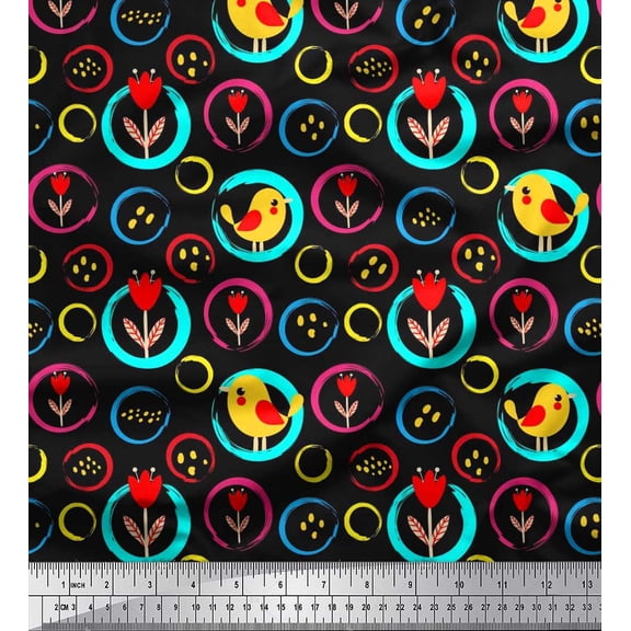 Soimoi Cotton Duck Fabric Floral,Circle & Bird Artistic Printed Craft Fabric by The Yard 42 Inch Wide