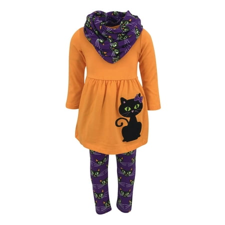 Unique Baby Girls Black Cat Halloween Outfit with Infinity Scarf (3T/S, Purple)