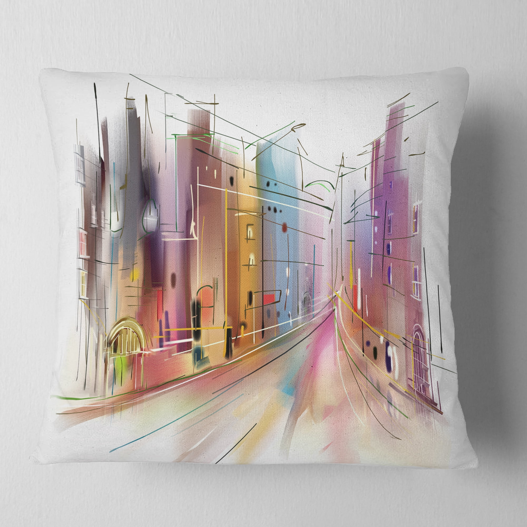 Designart Road in City Illustration Art - Cityscape Throw Pillow - 18x18