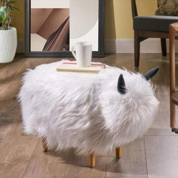 FUNAVI Faux Fur Footstool, Foot Stool with Wood Legs, Vanity Seat, Fur Stool, Ottoman Coffee Table, Makeup Chair, Vanity Stools for Bedroom (White)
