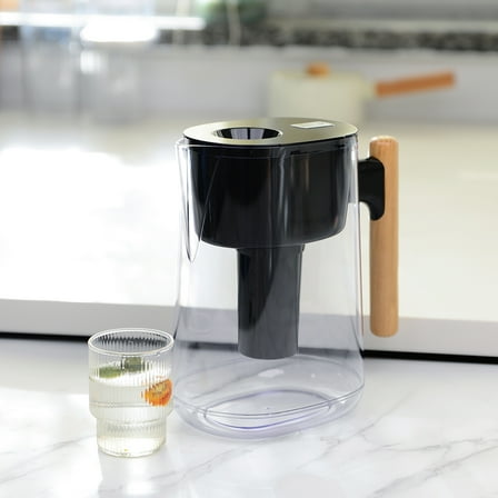 Better Homes and Gardens Brand Water Filter Pitcher, 10 Cup, Brita Compatible, Wooden Handle, Assembled Product Height Length Width: 10"6"5" Black