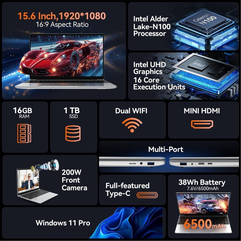 15.6 inch Windows 11 Pro Laptop Intel Processor N100 16GB RAM 1TB