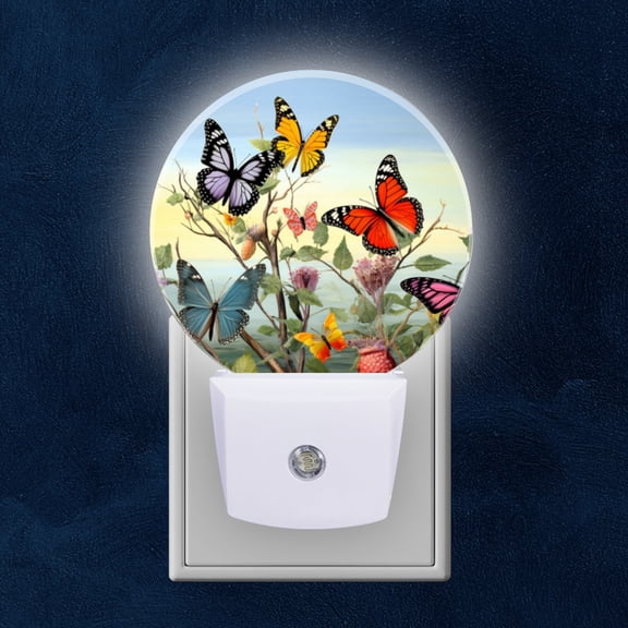 Round LED Night Lights Lamp with Dusk to Dawn Sensor, Butterflies Flying Among The Branches And Flowers Night Light Plug Into Wall for Kids Room, Bedroom, Bathroom, Kitchen, Hallway