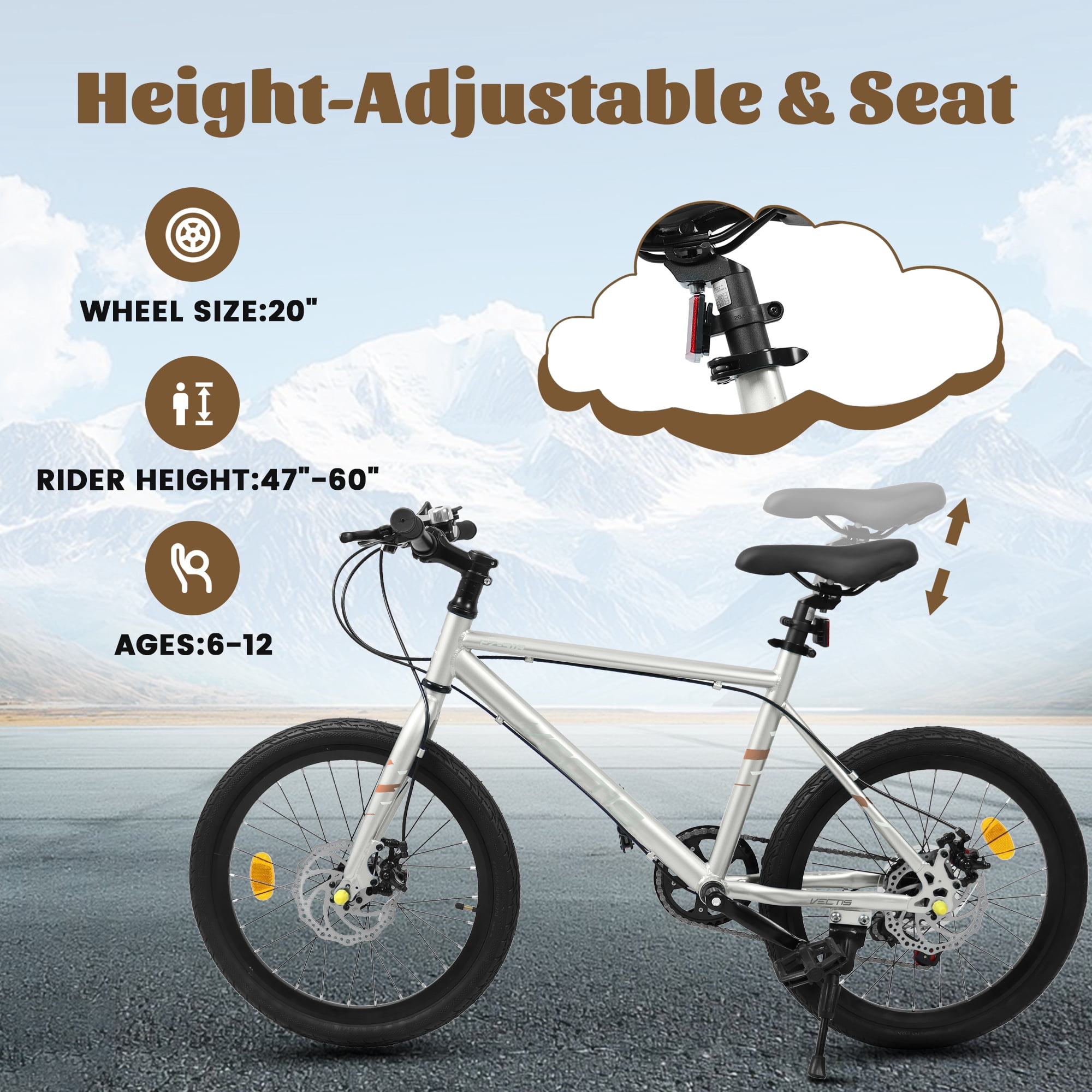 Aukfa 20" Kids Bike for Boys Girls,7-Speed Steel Frame,Dual Disc Brakes,Gray