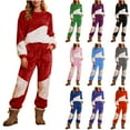 thumbnail image 1 of Yuyuzo Ensembles de Pyjamas pour Femmes en Molleton à Blocs de Couleur Vêtements de Détente Chandails à Manches Longues à Col Ras du Cou Pantalons Jogger Tenues 2 Pcs, 1 of 6