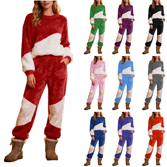 Wlynlyn Womens Pajamas Sets Fleece Color Block Loungewear Long Sleeve Crewneck Sweatshirts Jogger Pants 2 Piece Outfits