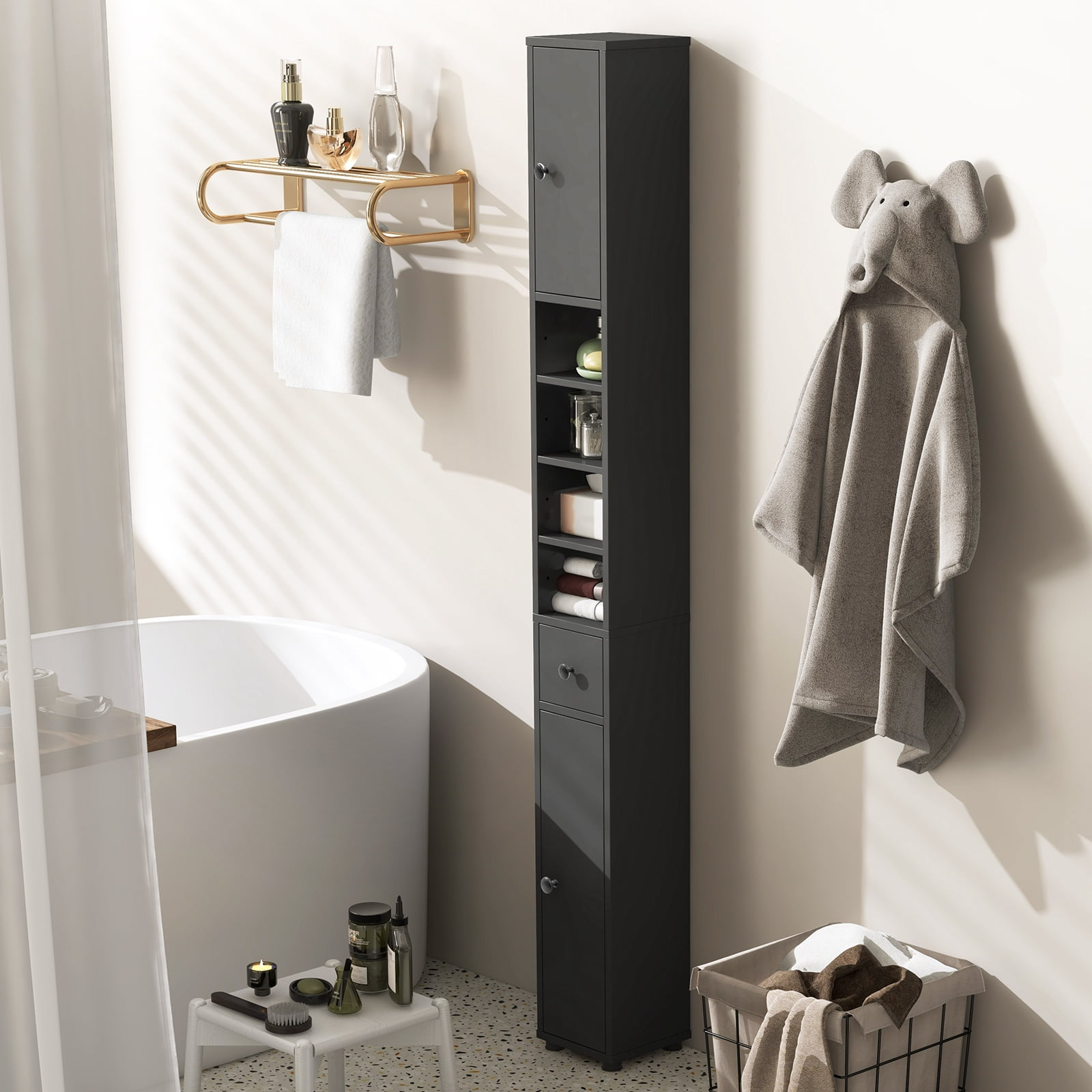 Gymax Tall Slim Bathroom Storage Cabinet Linen Tower w/Drawer Adjustable Shelves Gray