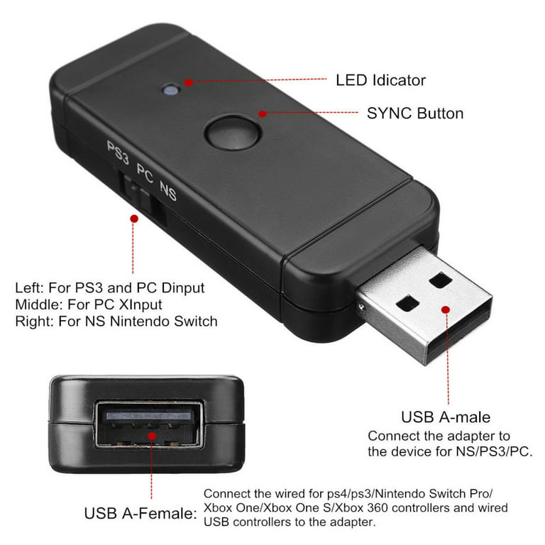 Adaptateur Manette pour Nintendo Switch Sans Fil PS4 PS3 Xbox Playstation  PC Clef USB (NOIR)