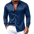thumbnail image 3 of Jinhomg Men's Collar Button Up Shirts with Pockets Slim Fit Satin Lightweight Tops Fall Casual Outfits Solid Color Spring Everyday Navy M, 3 of 6