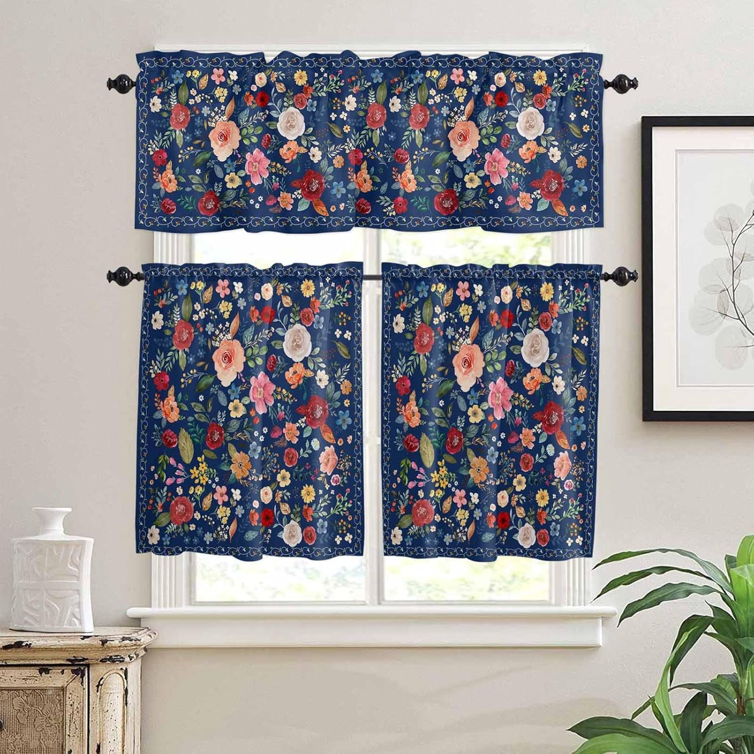Flowers Blue Kitchen Curtains and Valances Set, Rod Pocket Curtains Tier Farmhouse Window Curtains 36 Inch Length, Summer Floral Leaves Farmhouse Retro 3 Piece Kitchen Curtains Set