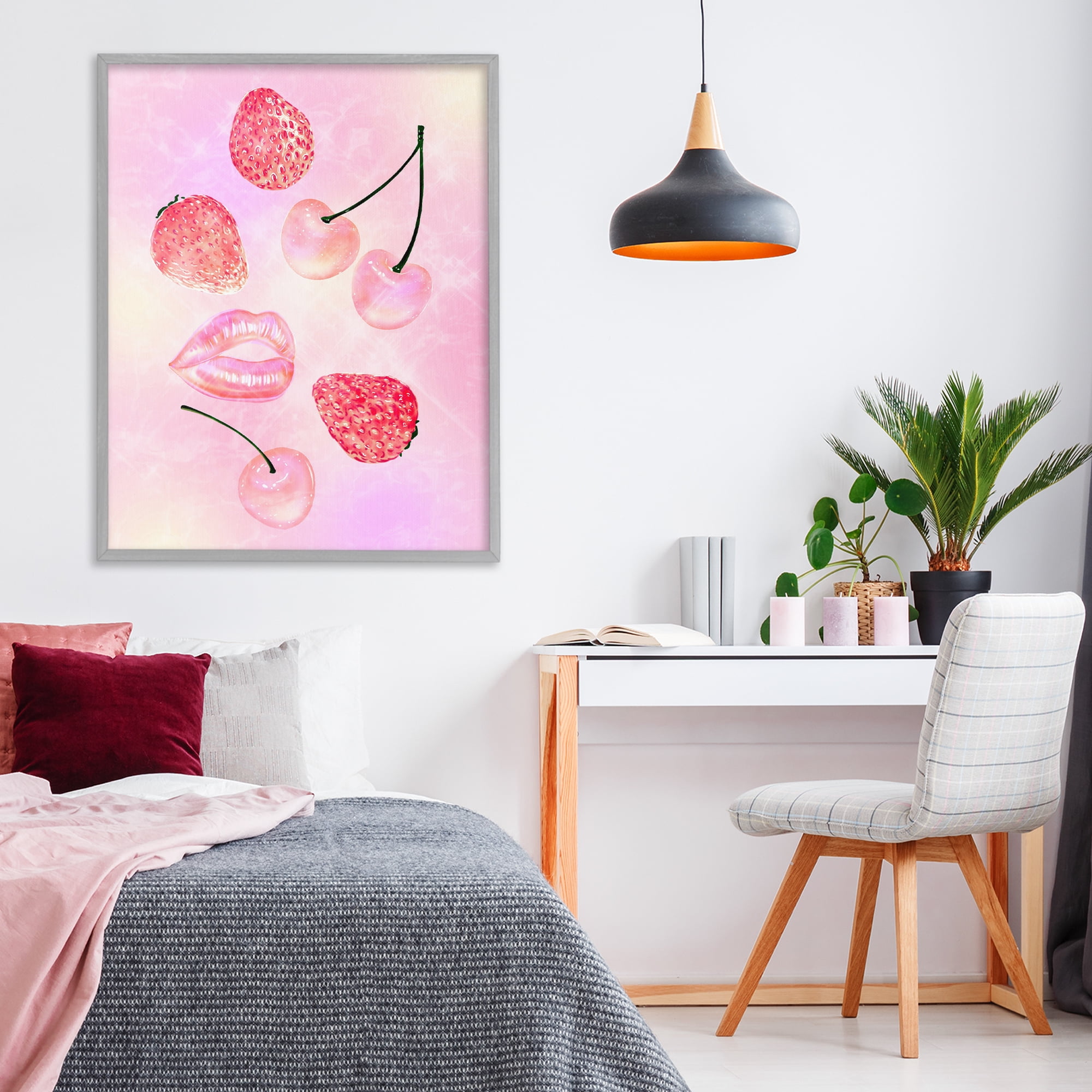 Pink Fruits and Kisses Gray Framed Giclee Art, design by Ziwei Li
