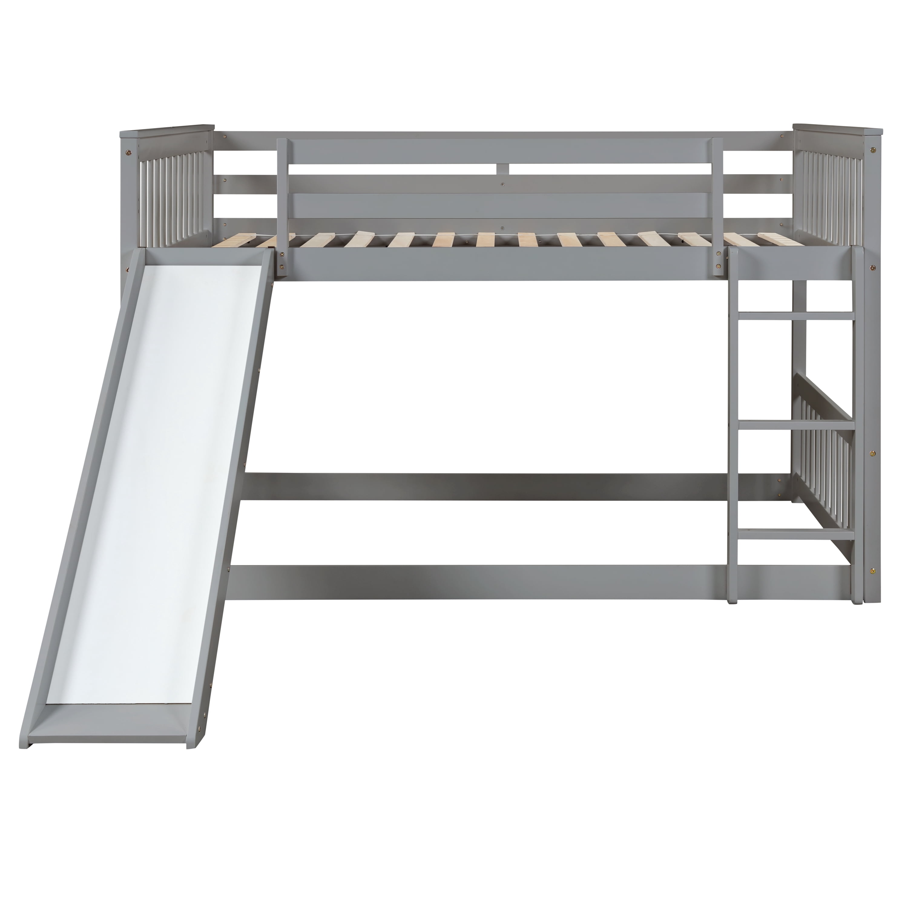 Euroco Full over Full Bunk Bed with Slide for Kids Teens Room, Solid Wood Low Profile Bunk Bed, Gray