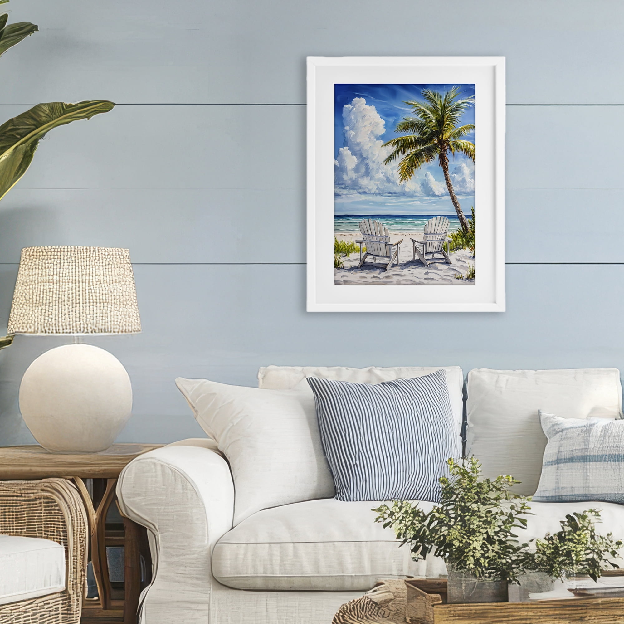 Stupell Industries Clouded Beach with Looming Palm White Framed Print Under Glass, design by Petal Prints Design