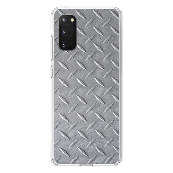 DistinctInk Clear Shockproof Hybrid Case for Galaxy S20 PLUS / 5G (6.7" Screen) - TPU Bumper, Acrylic Back, Tempered Glass Screen Protector - Grey Diamond Plate Steel - Printed Diamond Plate