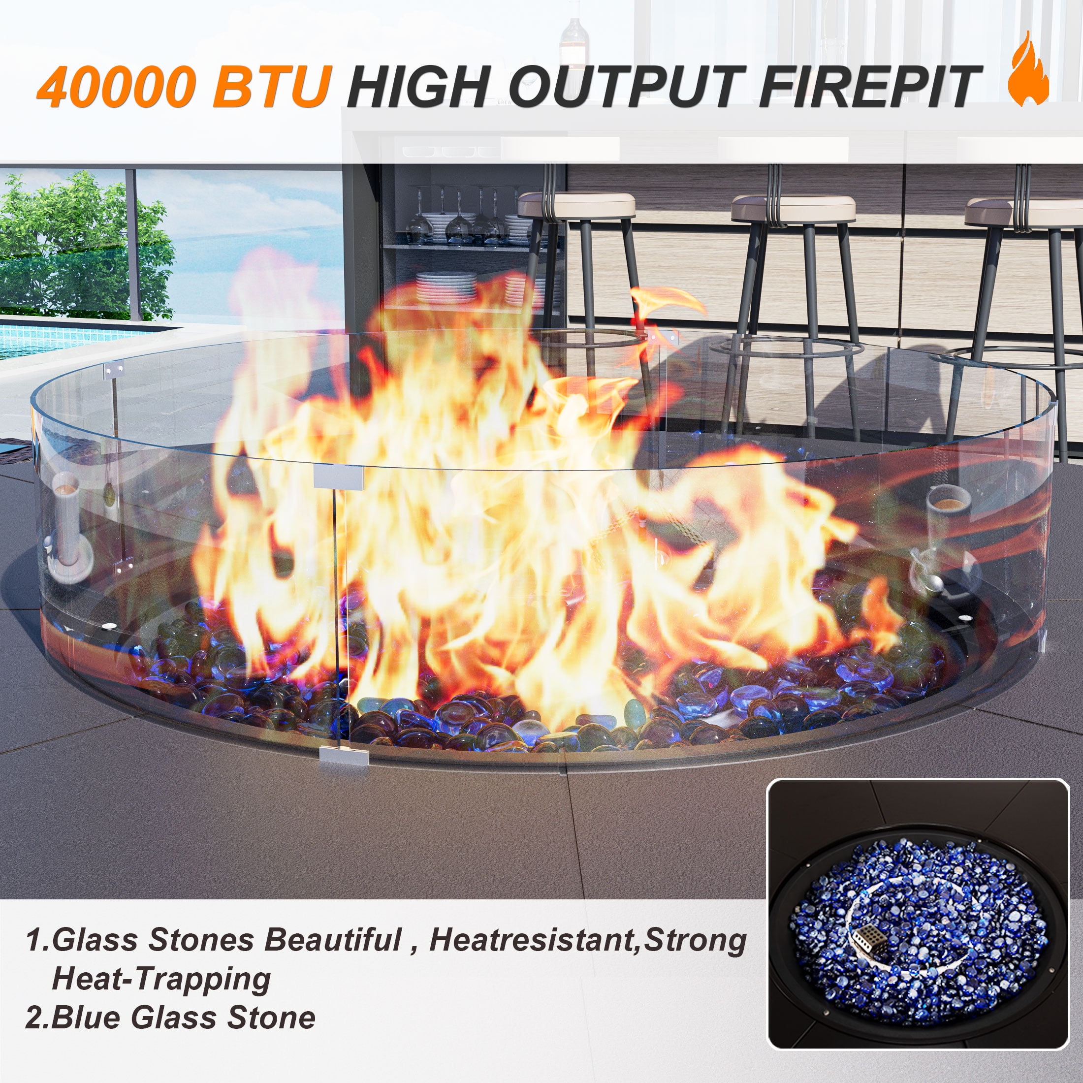 Kullavik 7 Pieces Outdoor Patio Furniture Set with 40000 BTU Round Fire Pit Table,PE Wicker Rattan Swivel Arm Chair Set, Patio Conversation Sets,Sand
