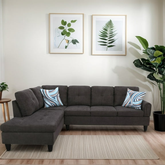 Hommoo Flannel L Shaped Sectional Couch and Sofa Set, Modern Living Room Furniture Set, Left Side, Dark Brown