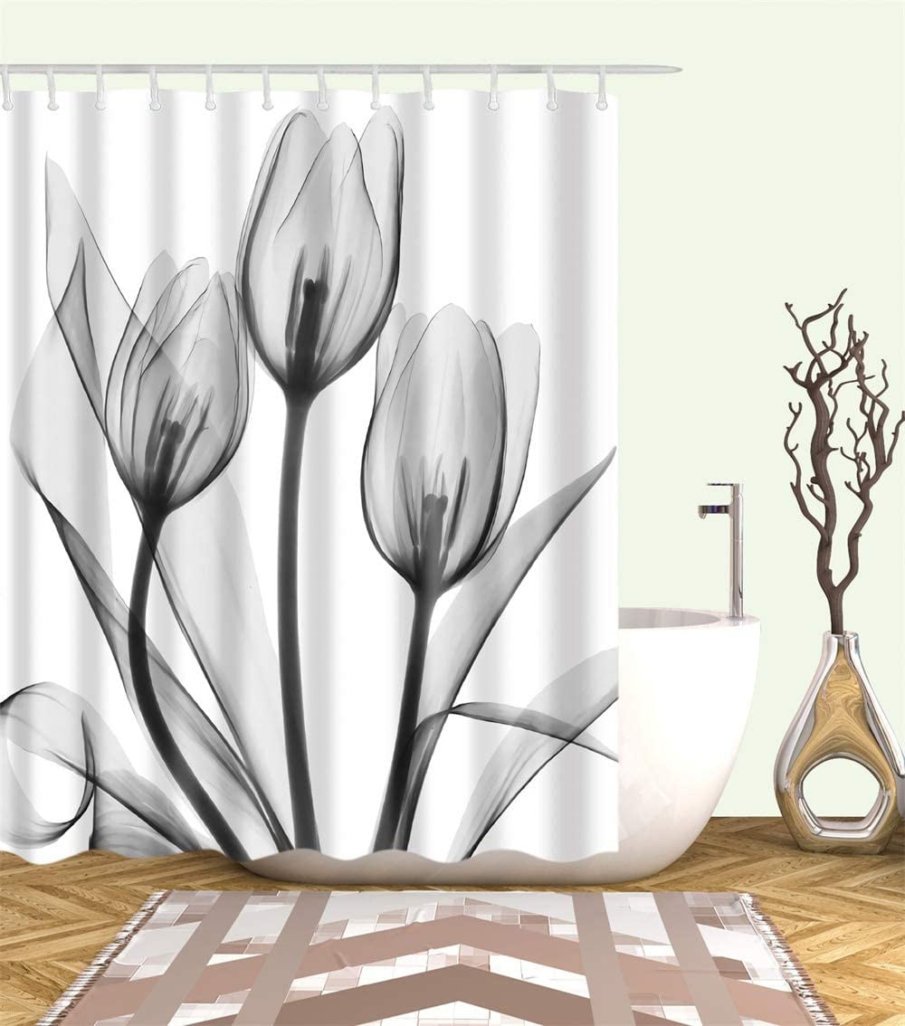 Tulip Art Flower Pattern Fabric Shower Curtain Sets Bathroom Decor with Hooks 