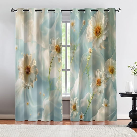 White Floral Blackout Curtains, Spring Flower Drapes for Bedroom Living Room, Fresh Botanical Grommet Window Treatments 26"W x 45"L (2 Pack)