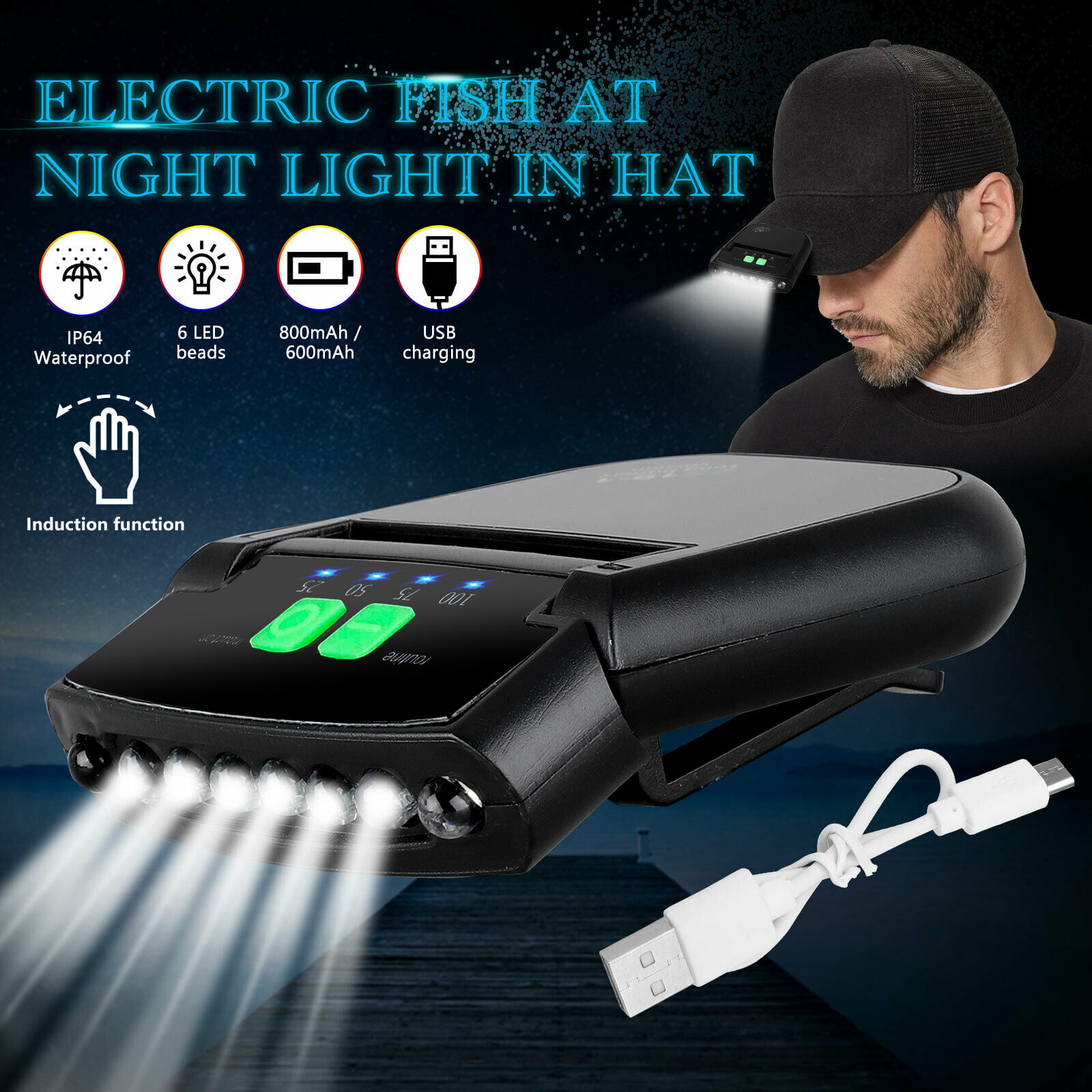 USB Charging Waterproof Head Cap Lamp LED Smart Sensor Night Fishing Light