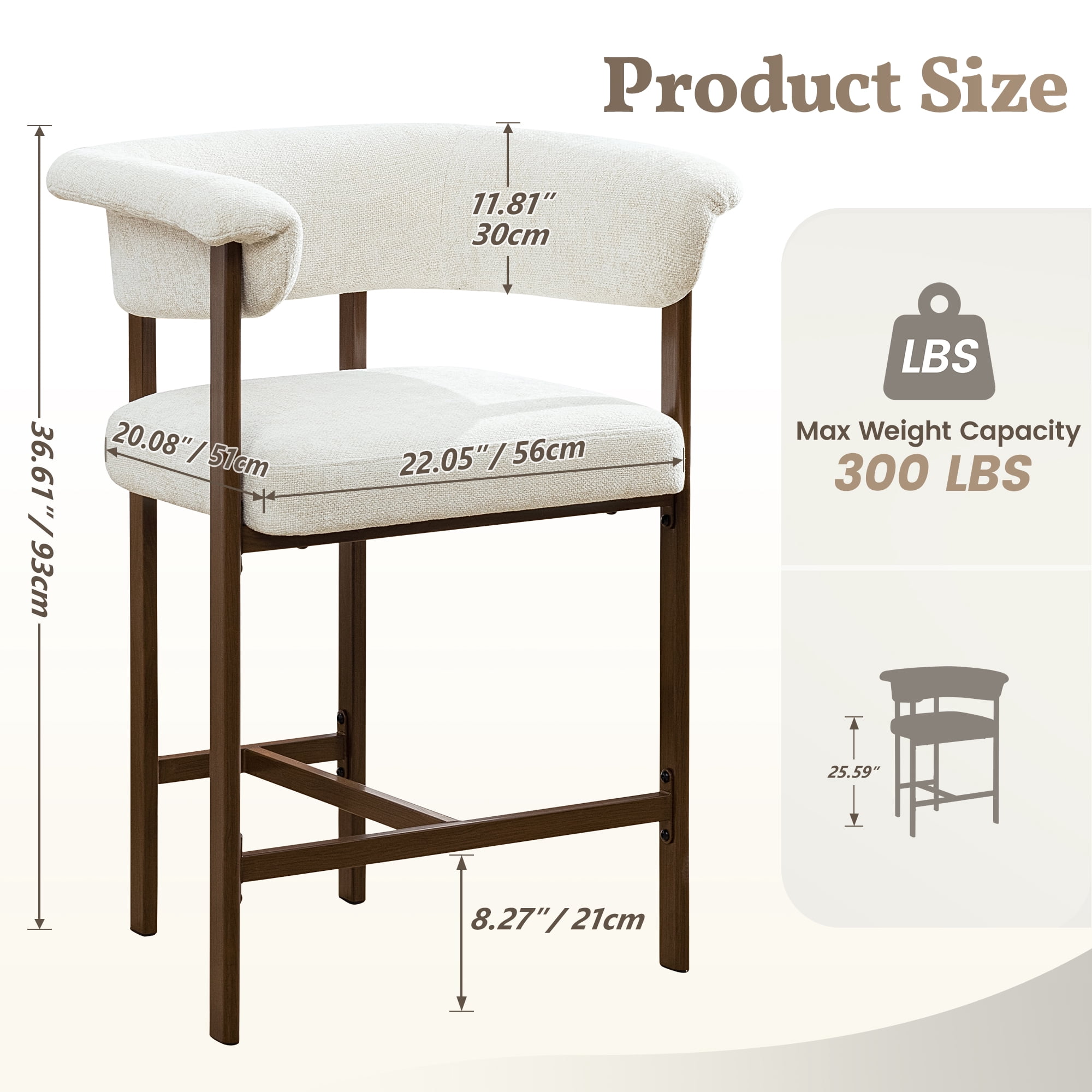 COOLHUT 26" Barrel Bar Stool Set of 3, Counter Height Bar Stool with Linen Fabric, Upholstered Barstools for Kitchen Island or Home Bar, White