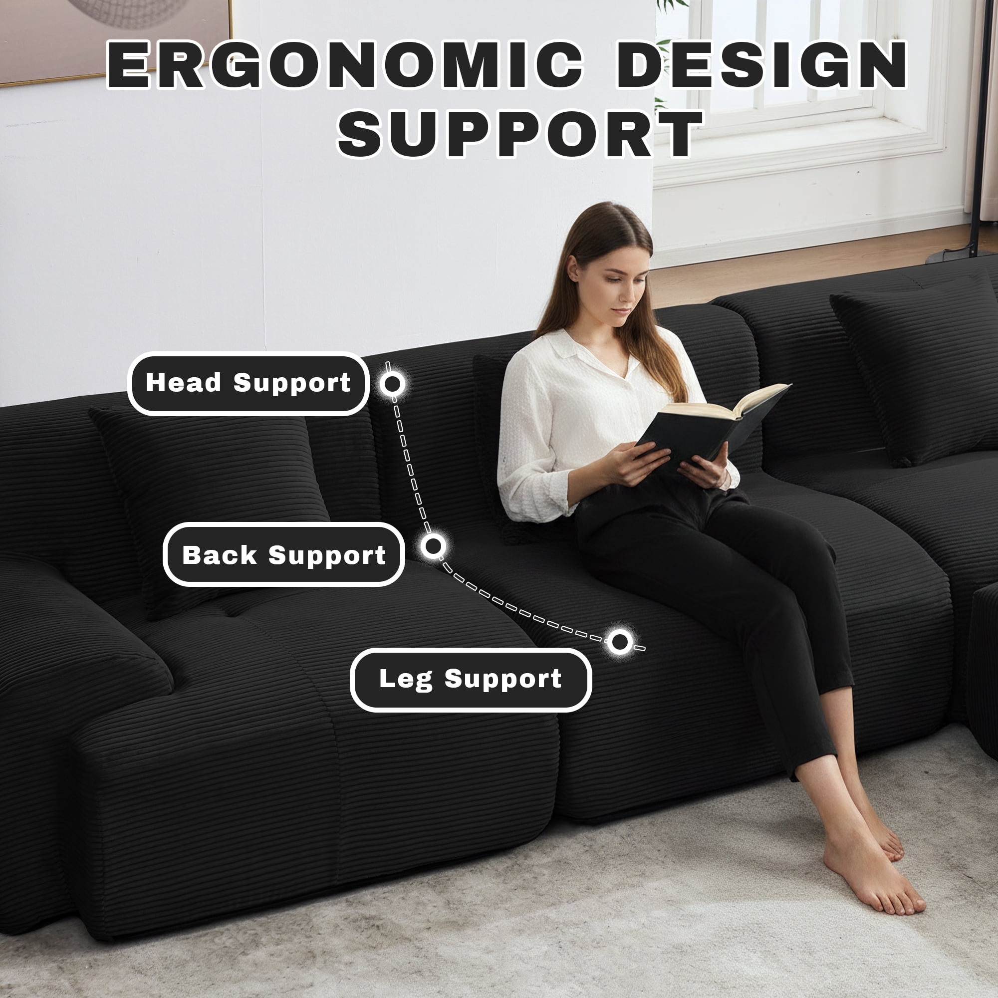 GAOHAPY 107"Modern L Shaped Modular Sectional Sofa, Oversized Corduroy Couch Deep Seat, Boneless Cloud Couch with Ottoman, 30D Sponge for Indoor Living Room, No Assembly Required(Black)