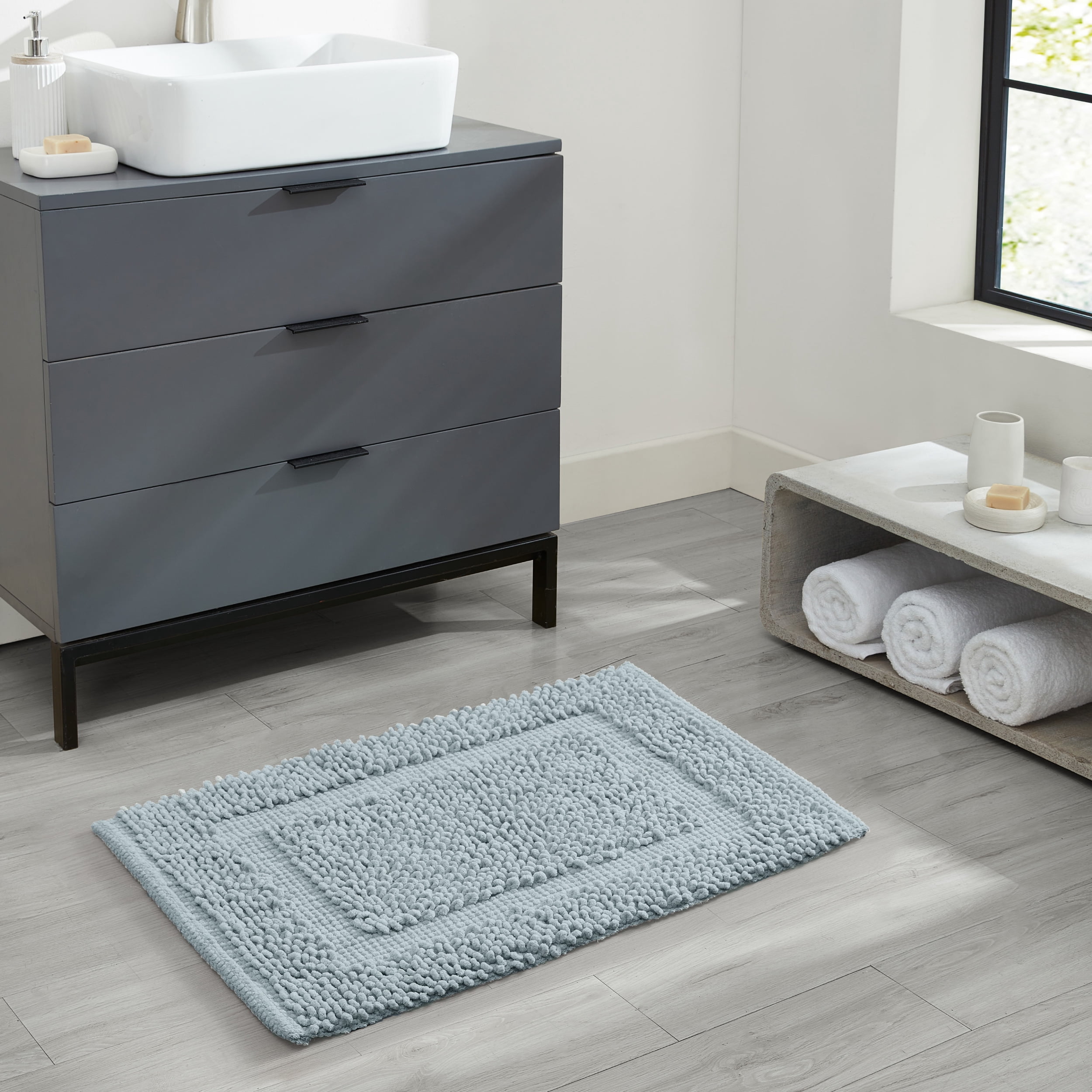 Jean Pierre New York Sophie Border 100% Cotton Bath Mat - Non-Slip Bath Rug - Pale Blue - 17" x 24"