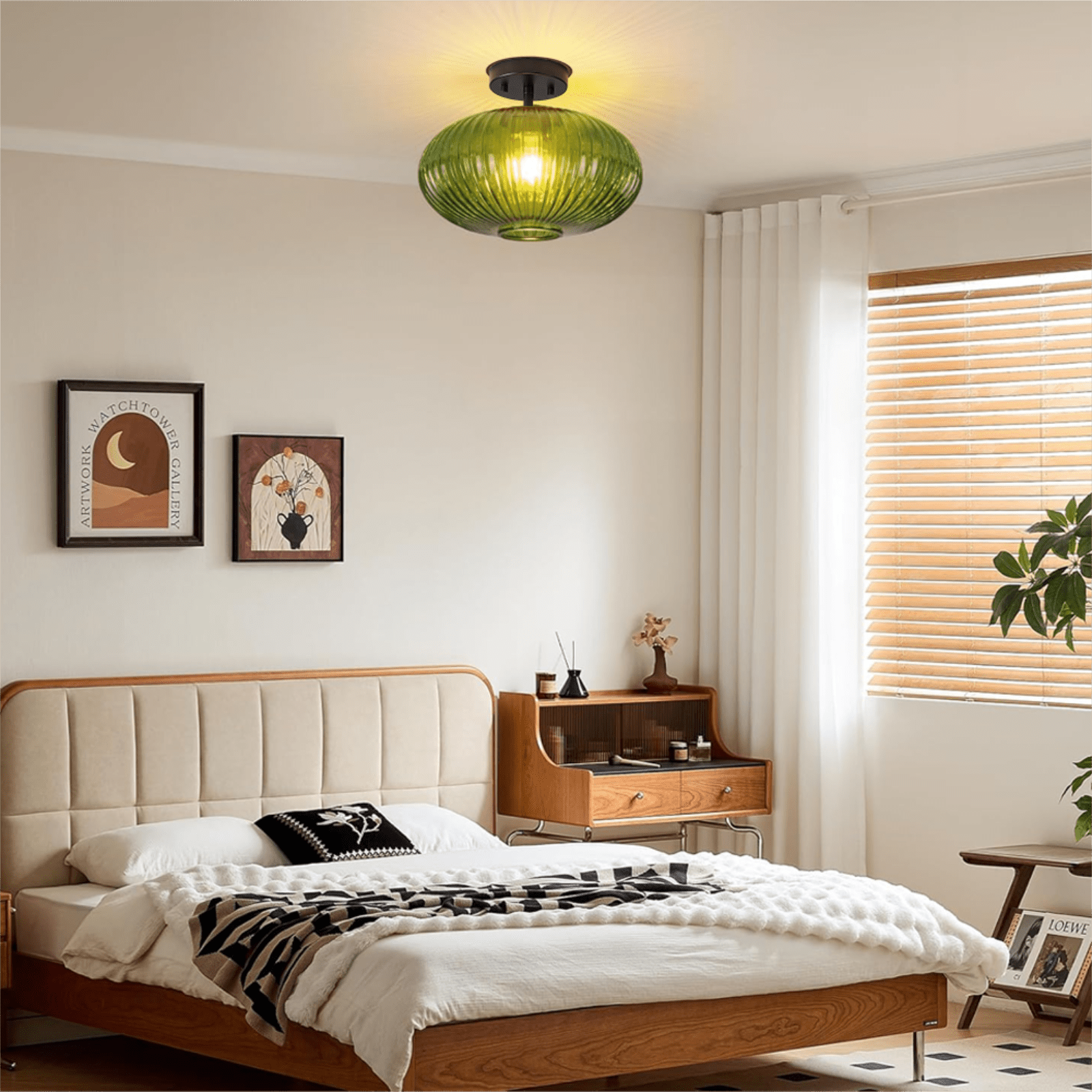 Green Ribbed Glass Semi Flush Mount Ceiling Light, E26 Base Close to Ceiling Fixture for Hallway, Bedroom & Kitchen