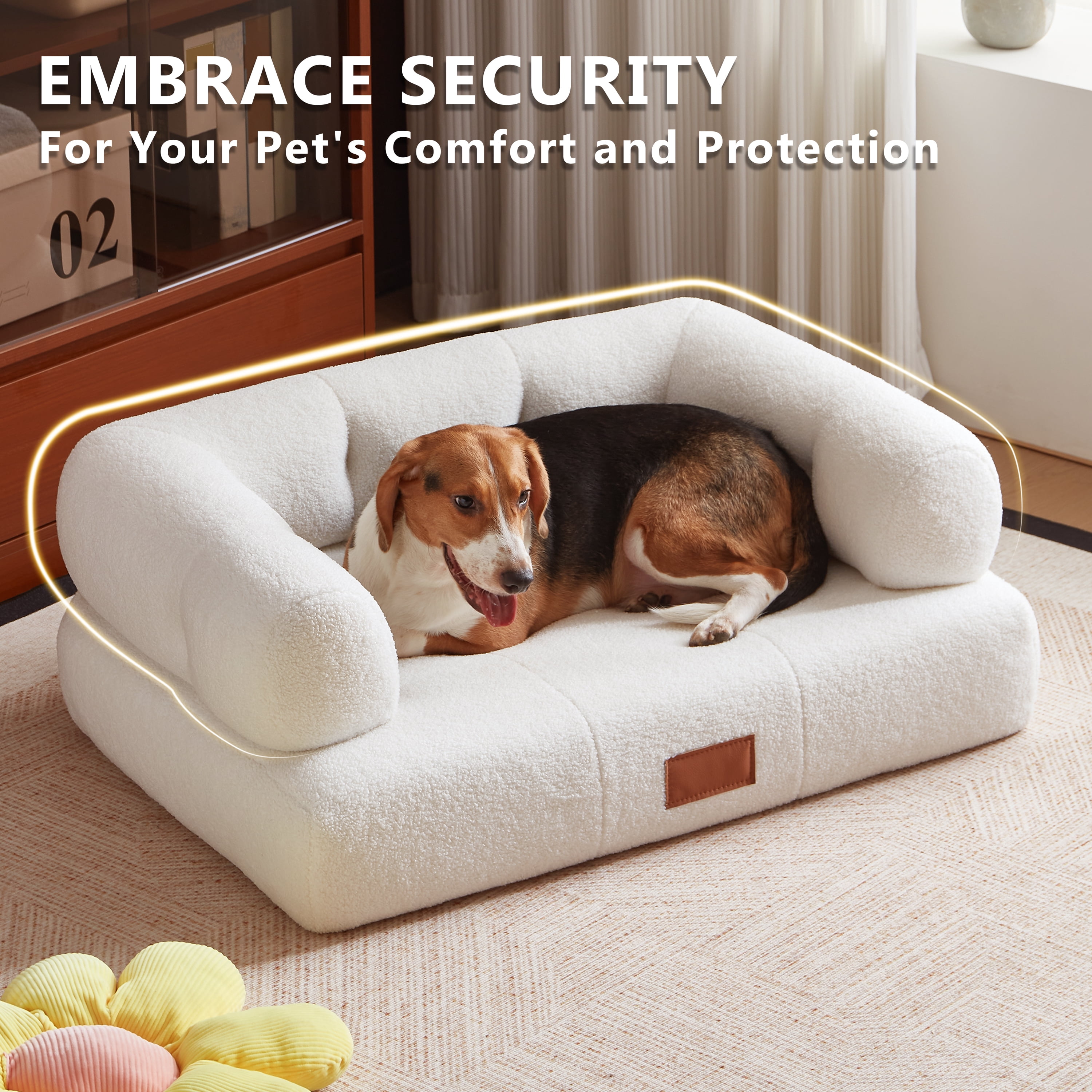 33.9'' White Faux Shearling Dog Bed Couch for Large and Medium Dogs up to 70lbs, Modern Luxury Orthopedic Elevated Pet Bed Sofa Cat Bed Couch with Leather Name Plate Indoor Furniture Style
