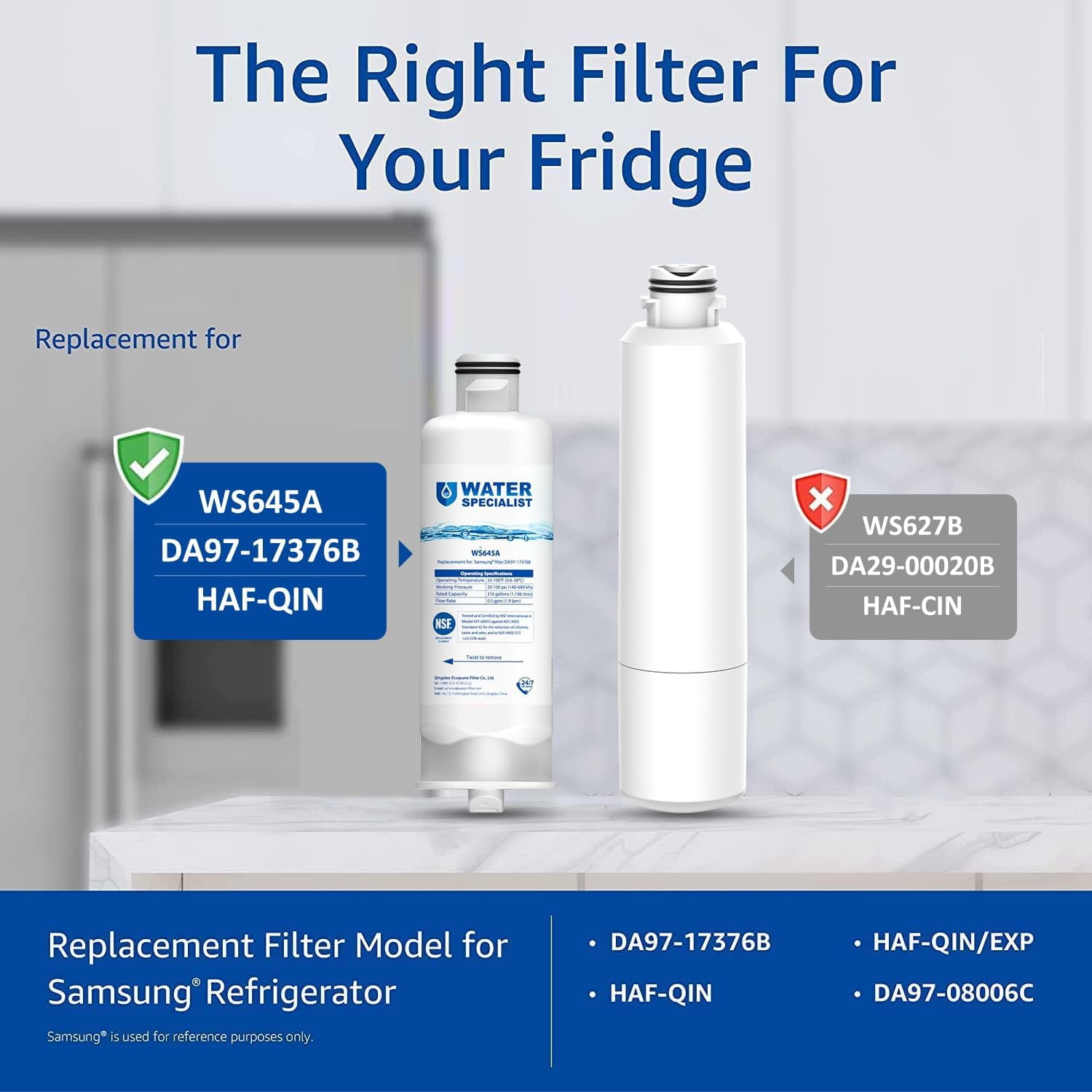 Waterspecialist WS645A Refrigerator Water Filter, Replacement for Samsung® DA97-17376B, HAF-QIN/EXP, HAF-QIN, RF28T5001SR,  3 Pack