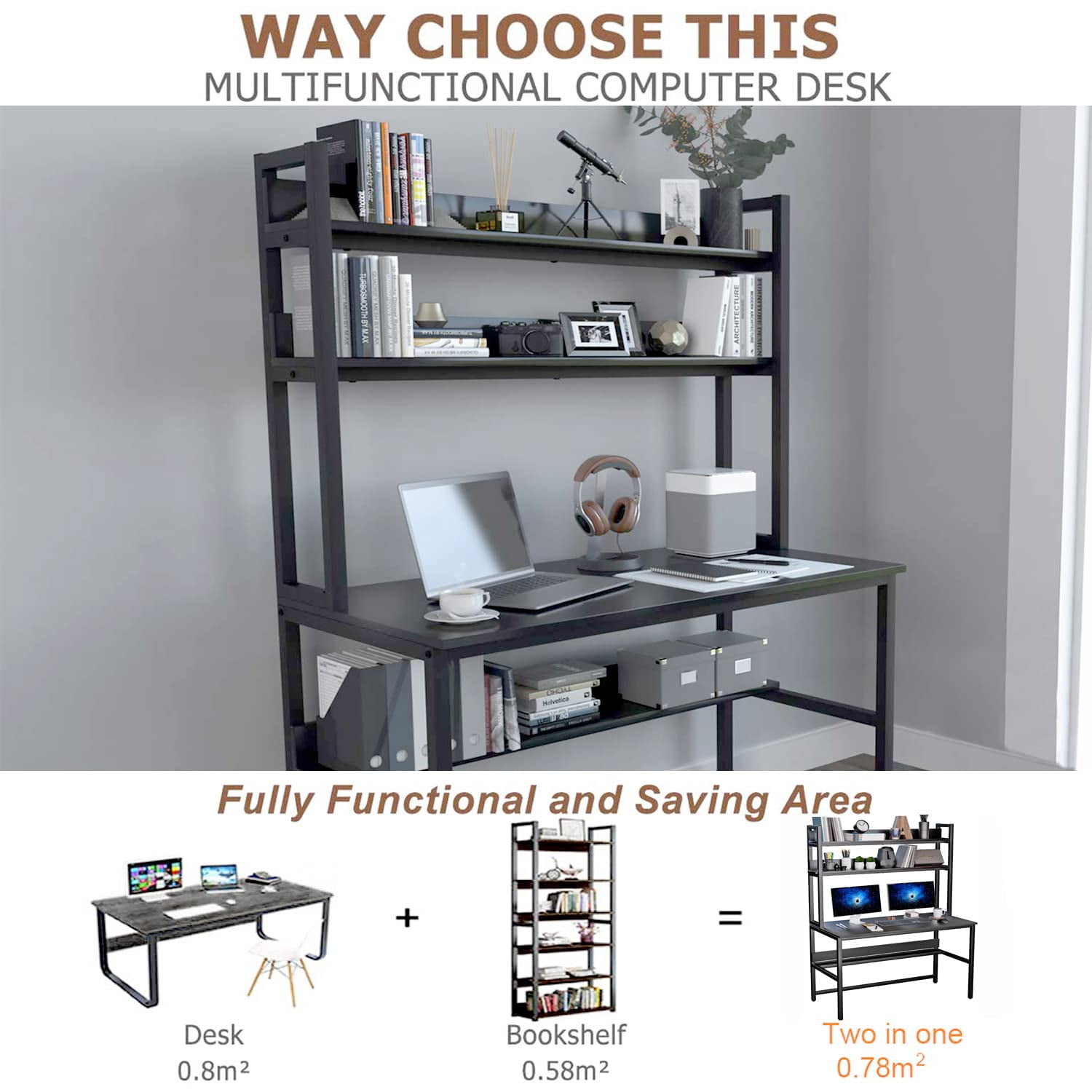 Aquzee Computer Desk with Hutch and Bookshelves, Large Leg Room 47 inch Width Black Desk with Space Saving Storage Shelves for Home Office