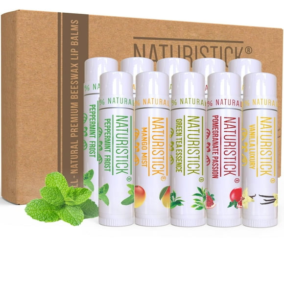 Set de regalo de 10 bálsamos labiales de Naturistick. Aromas variados. Ingredientes Naturales. Las mejores barras labiales de cera de abejas para labios secos y agrietados. Hecho en EE.UU. para homb