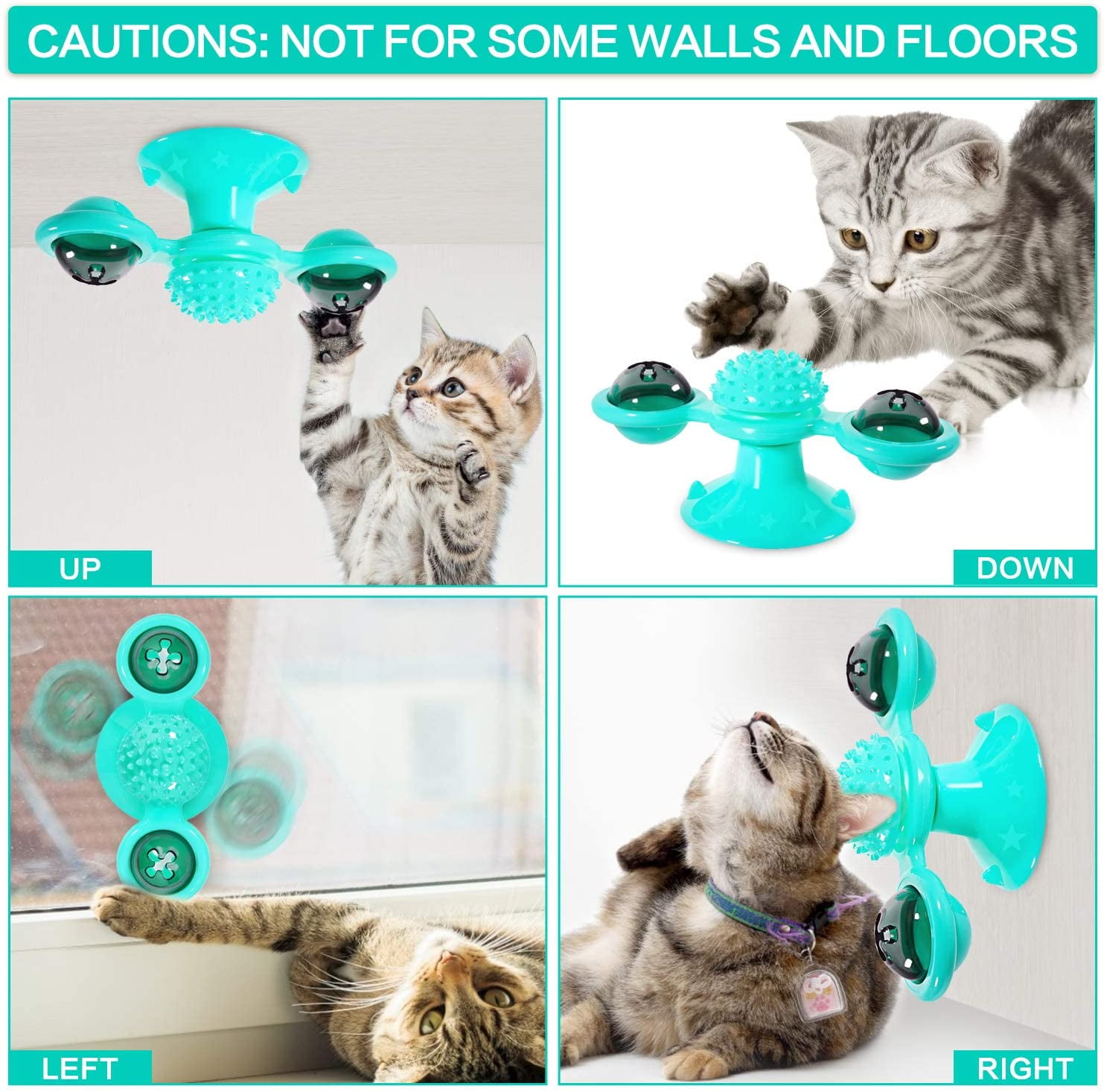 Green i-FSK Blue 2020 New Windmill Cat Toys Turntable Toys with Super Suction Cup to Wall and Grooming Rubber Molar with Light Balls with Catnips Interactive Cat Toy 
