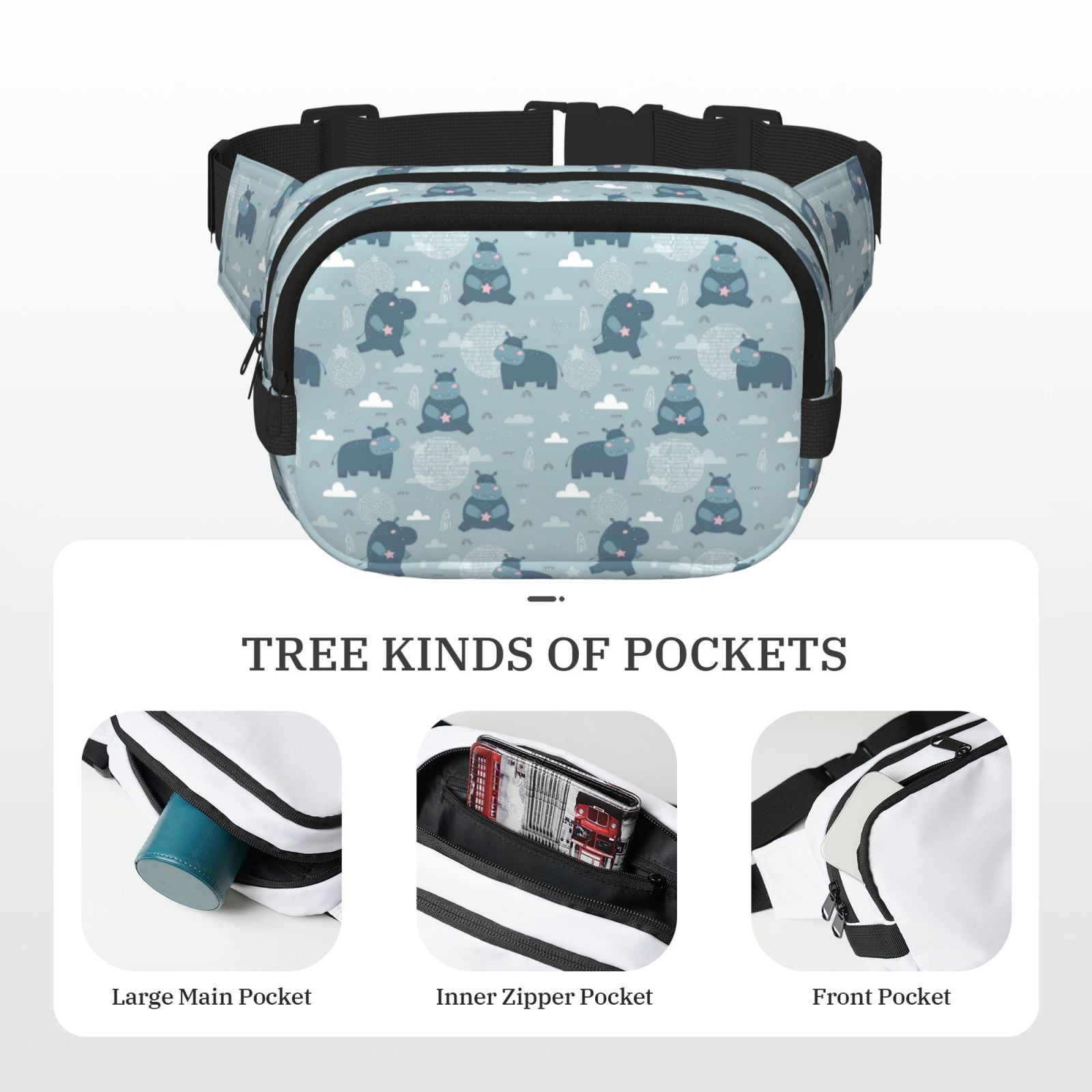 Picia Cute Hippopotamus Print Square Double-Layer Waist Bag Mini Adjustable Waist Belt Bag Exercise Running Travel Hiking
