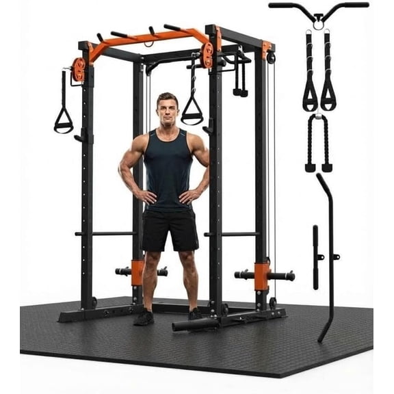 Power Cage with LAT Pulldown & Cable Crossover System, 2000LBS Multi-Functional Power Rack, All-in-1 Weight Cage Home Gym with Adjustable Pulley System, Squat Rack for Garage, Home