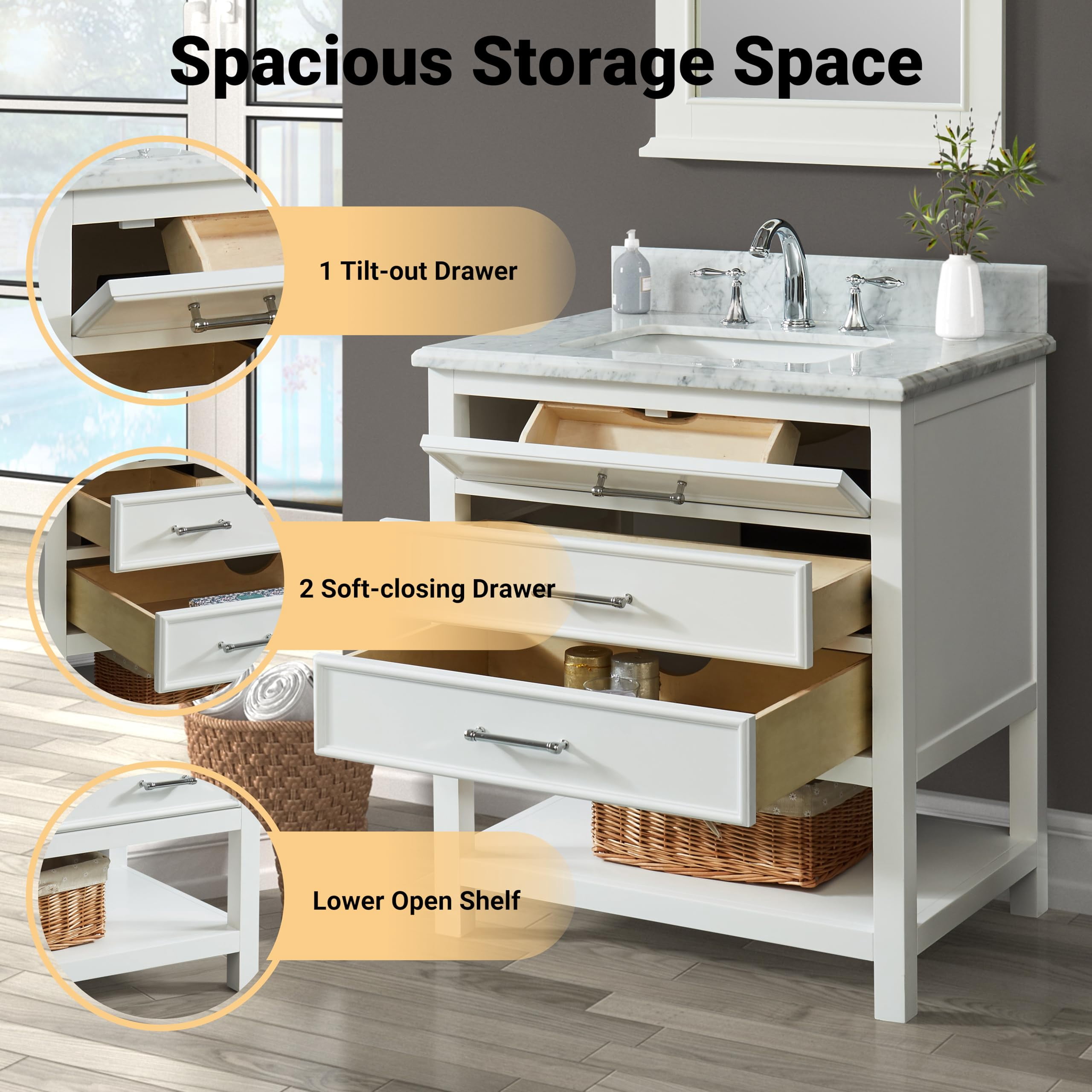 Manhattan 30" Single Bathroom Vanity, 31" W x 22" D x 34.5" H, Carrara Marble Top with Sink & Backsplash, Dove White, Solid Wood, Pre-Assembled, 3 Soft-Close Drawers, 1 Shelf