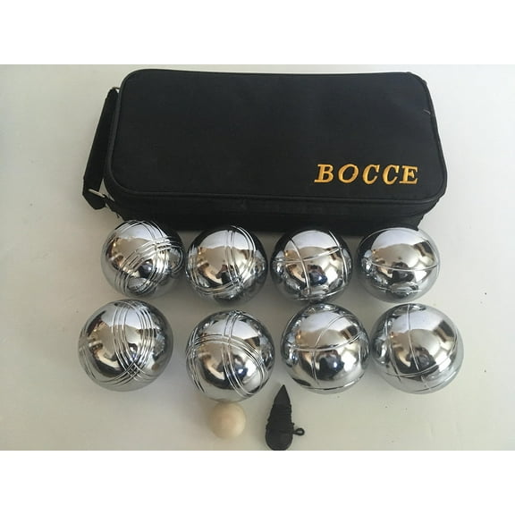 BuyBocceBalls Listing - 73mm Metal Bocce/Petanque Set with 8 Silver Balls and Black Bag - Single