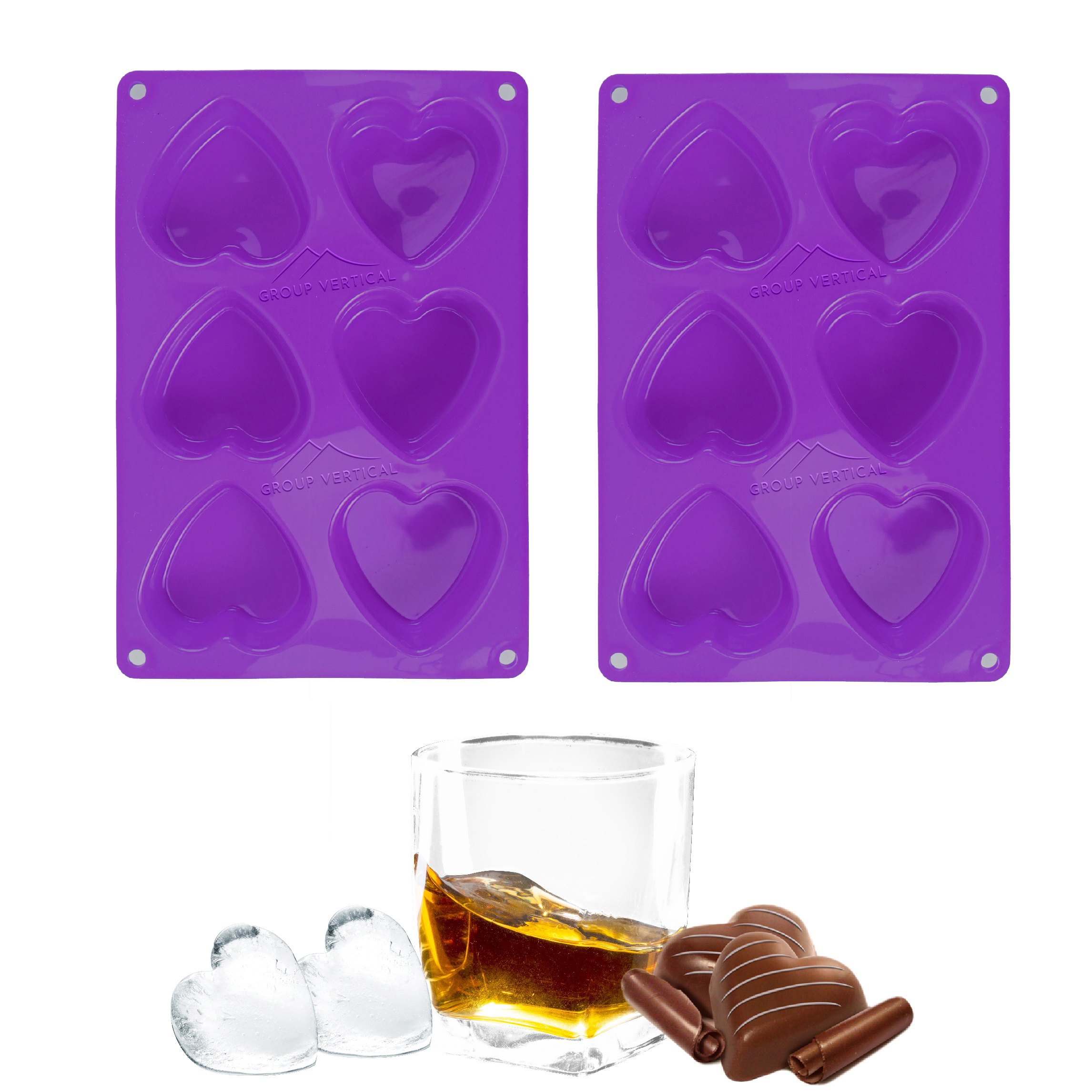 Group Vertical Large Heart Ice Cube & Baking Trays 3" 12 Heart Silicone Molds Purple