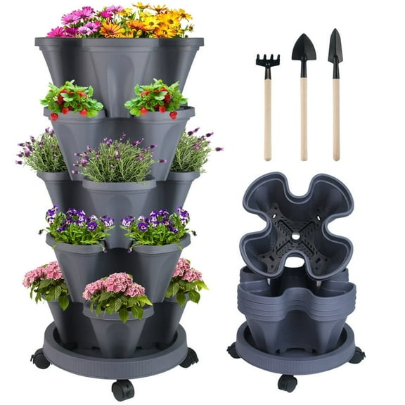 5-Tier Vertical Stackable Tower Planter for Strawberries, Flowers, Herbs, and Vegetables - Dark Gray.