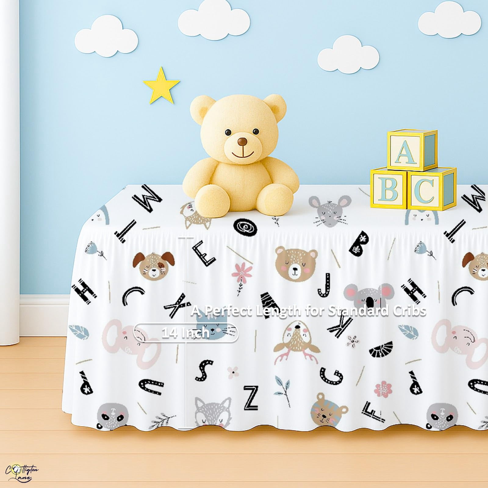 Skirt Dust Ruffle  Soft & Durable Bedding For Or Fits Standard 28" X 52"+14" Drop Classic Ruffled Design Alphabet Adventure