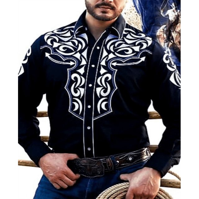 Camisa tribal occidental de mezclilla para hombre, informal, para fiestas al aire libre, patrón HD, botones, suave, cómoda, camisa de solapa, camiseta de manga larga