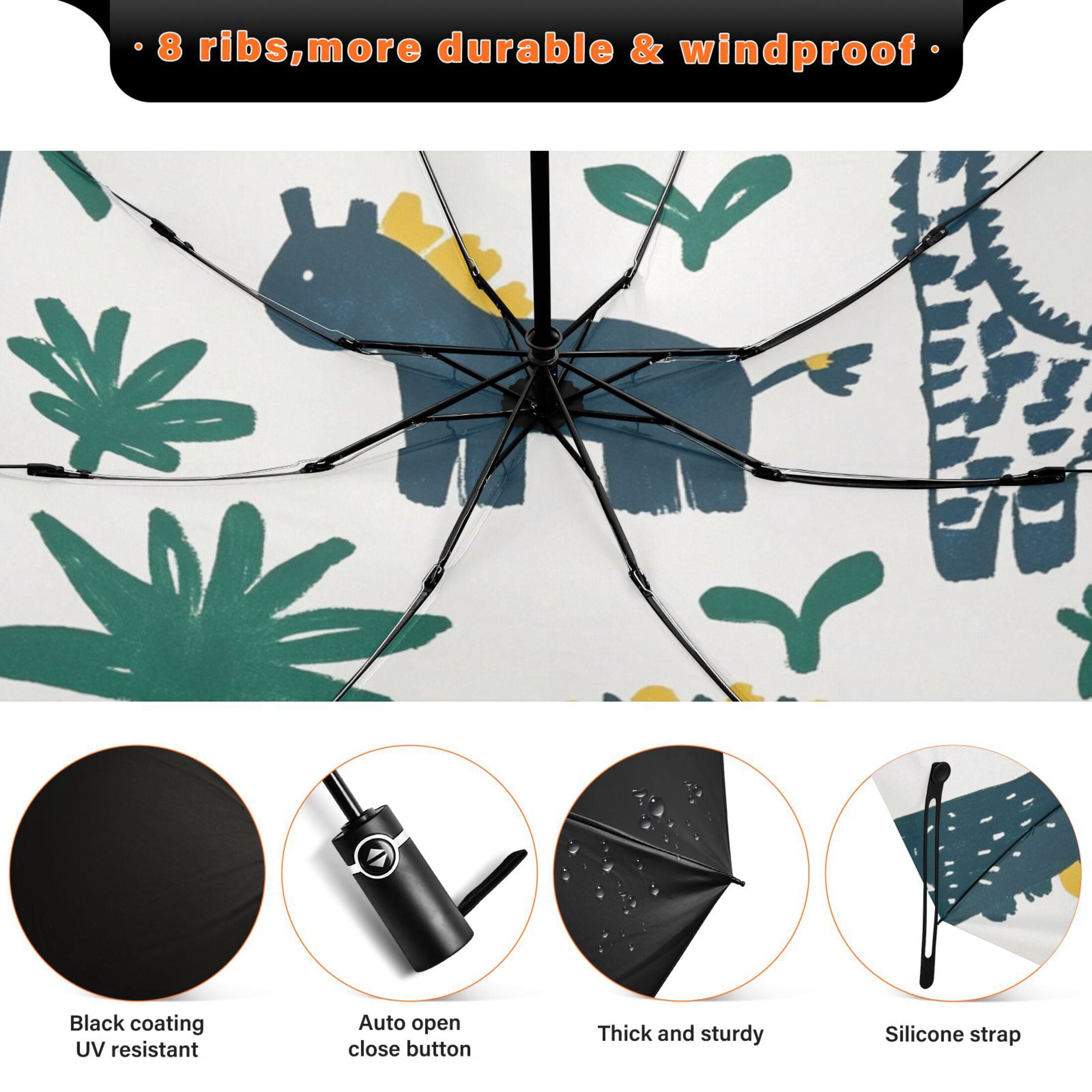 Cute Dinosaur Illustration Extra Large Automatic Umbrella, UV Protection, Waterproof, Auto Open and Close