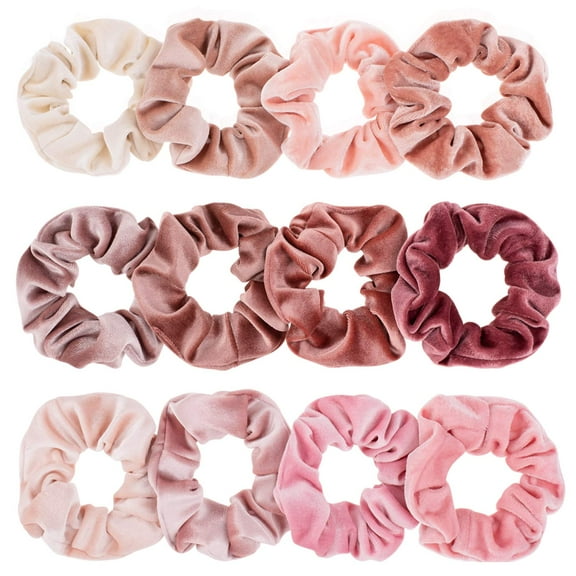 Fashionable Blush Pink Velvet Scrunchies, 12 Pieces, Comfortable Shiny Texture, Versatile For All Hair Types And Occasions