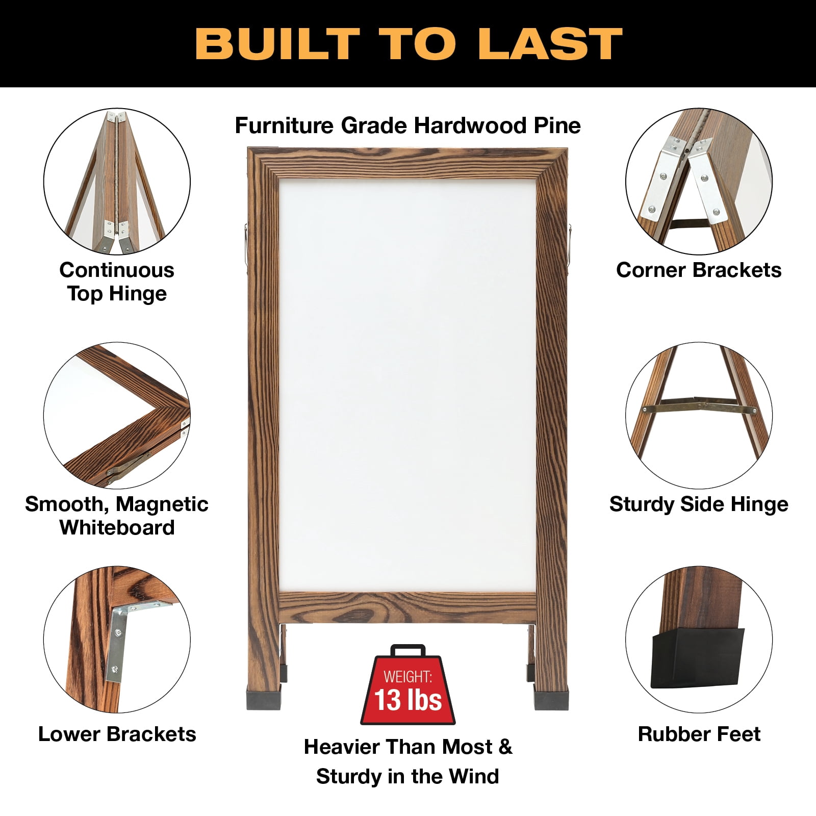 Excello Global Products Indestructible A-Frame Whiteboard, Dry-Erase Board, Presentation Board for Meetings, and Collaborative Sessions, Brown, 40" x 22"