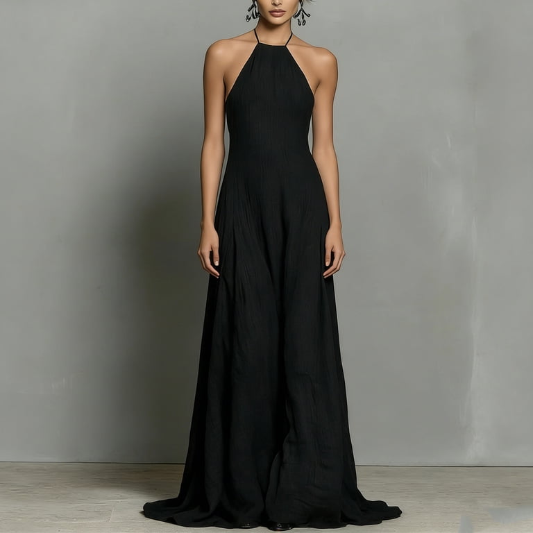 black halter dress with pockets Dotted Linen Cotton Midi Pocket Halter Dress