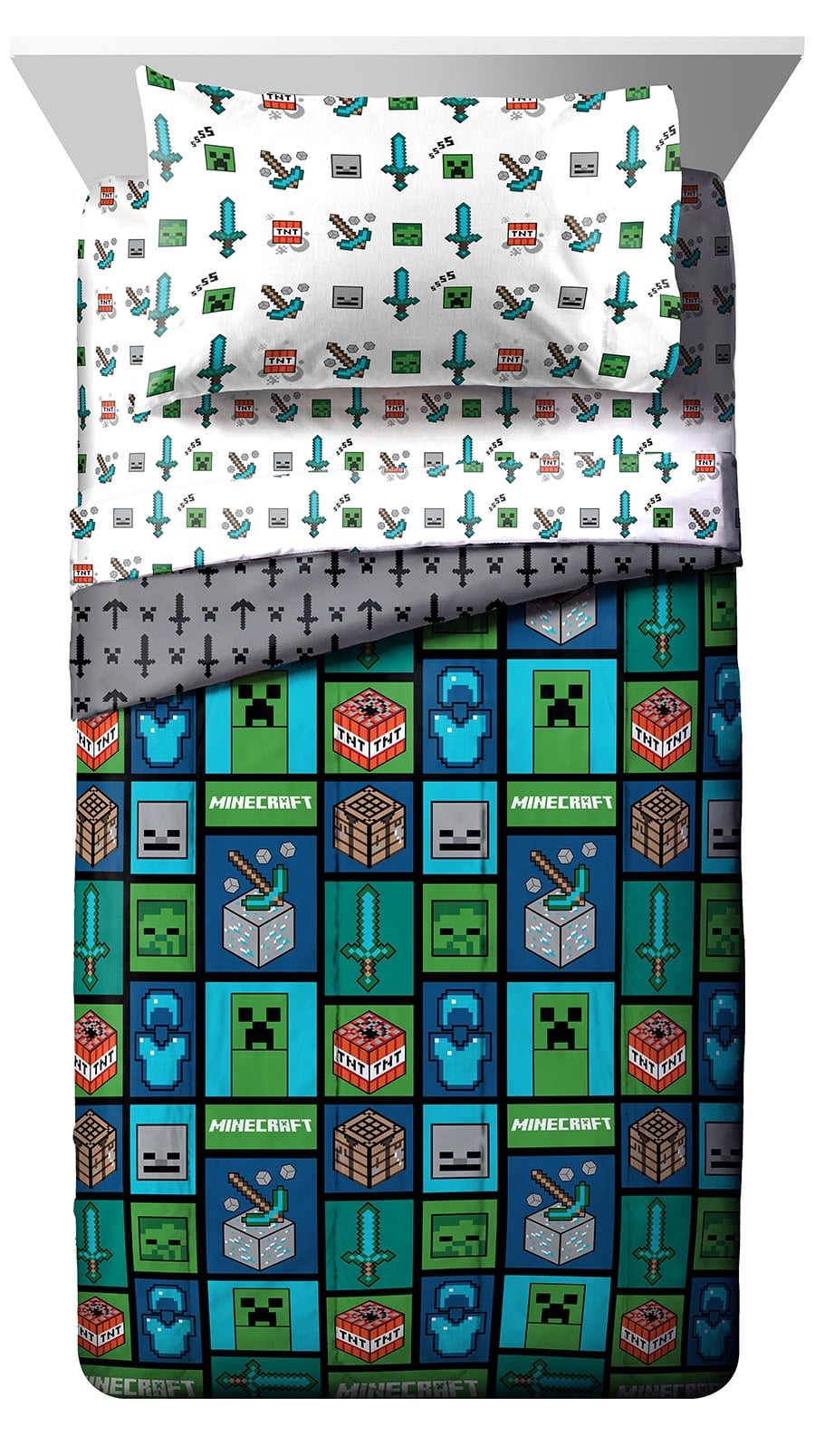 Minecraft Icons Twin Bed-in-a-bag Set, 86 x 64, Microfiber, Green, Mojang, Gaming Bedding