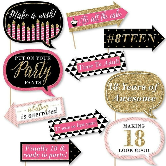 Big Dot of Happiness Funny Chic 18th Birthday - Pink, Black and Gold - 18th Birthday Party Photo Booth Props Kit - 10 Piece